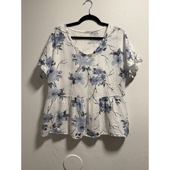 Lungo L'arno Tops - Lungo L'arno Linen Top Blouse Blue Floral Ruffle Sleeve Peplum Size Medium